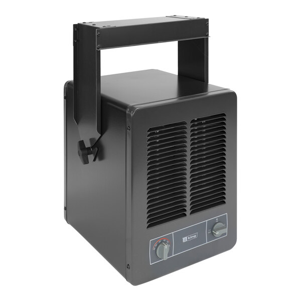 A black King Electric compact unit heater with a metal handle on top.