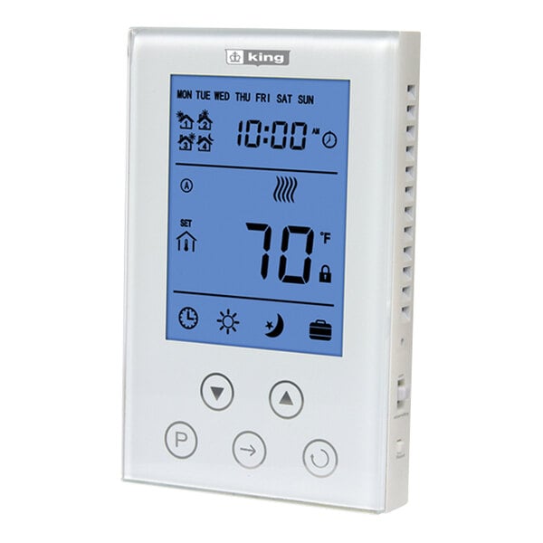 A white King Electric K302PE programmable double pole electronic thermostat with a digital display and control buttons.
