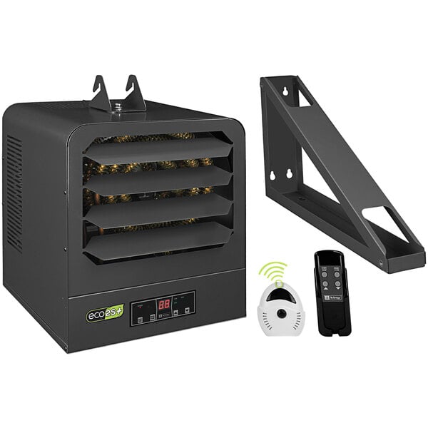 A black King Electric industrial unit heater with a remote control.
