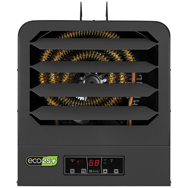 A black square King Electric portable unit heater with a digital display and fan inside.