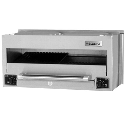 A close-up of a Garland countertop salamander broiler with the door open.