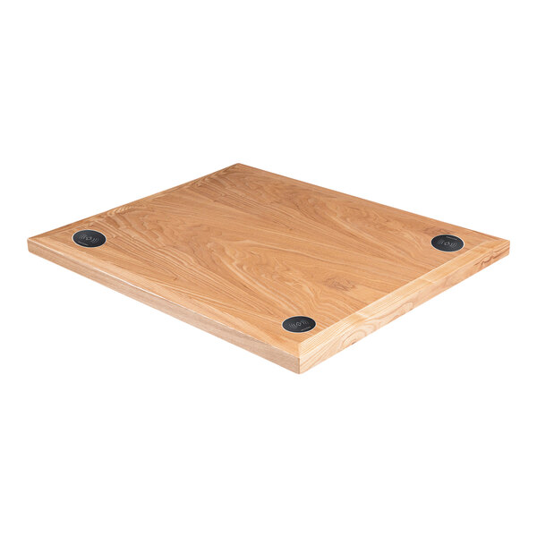 A BFM Seating rectangular wooden table top with round metal circles.