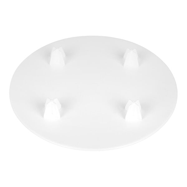 A round white plate with four evenly spaced raised supports on its surface.