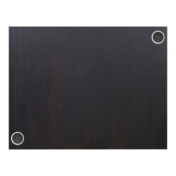 A black rectangular BFM Seating tabletop with round holes in it.