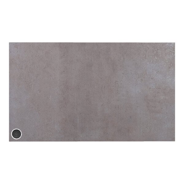 A grey rectangular BFM Seating tabletop with a black circle in the middle.
