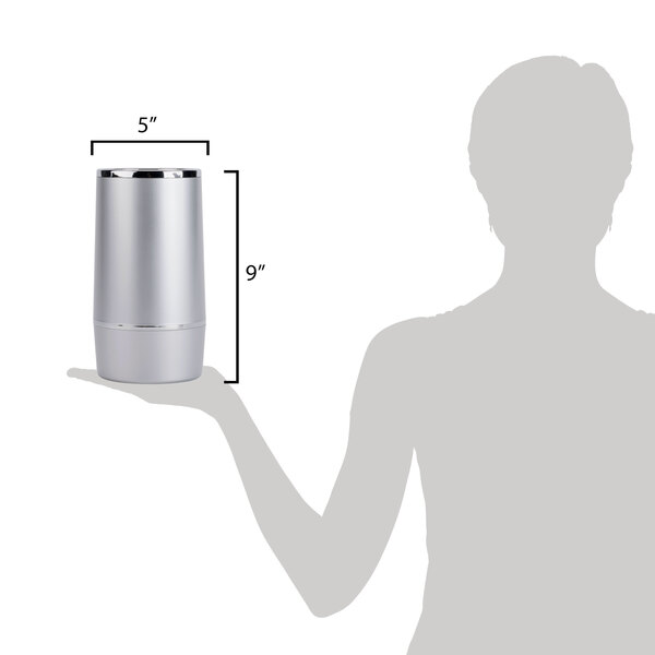 A woman holding a silver American Metalcraft wine cooler.