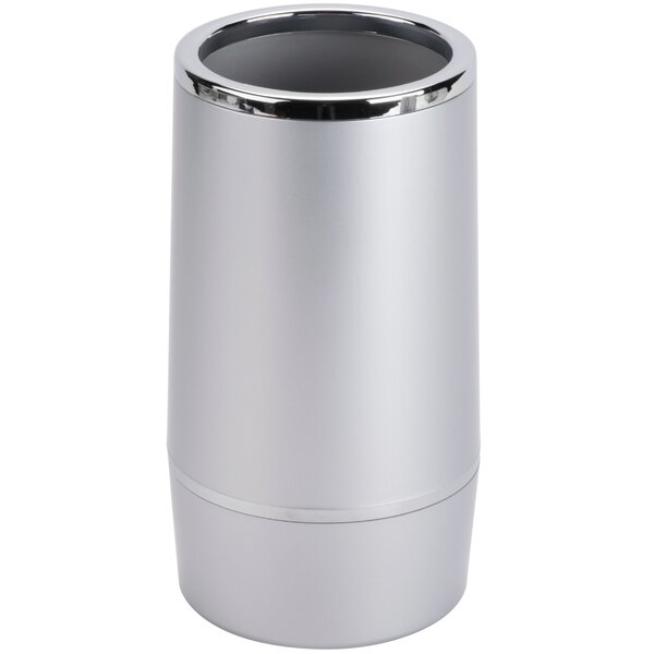 An American Metalcraft silver acrylic wine cooler with a silver rim.