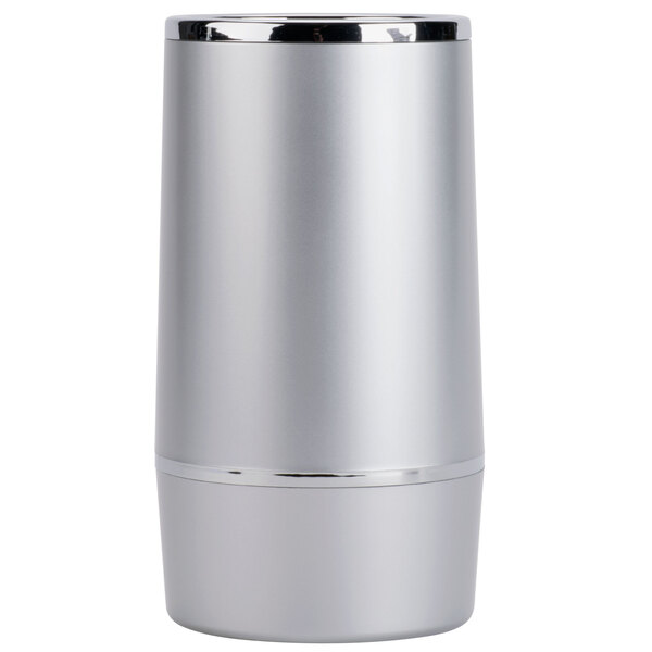 An American Metalcraft silver acrylic wine cooler with a silver rim.