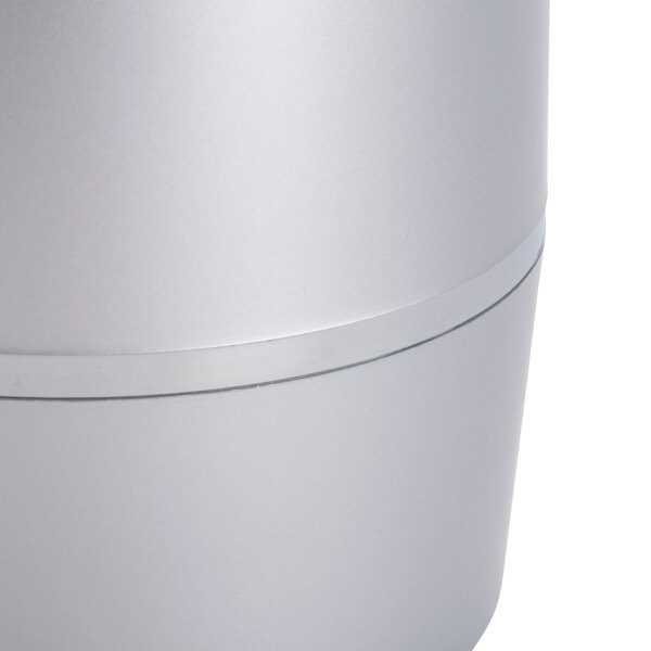 An American Metalcraft silver acrylic wine cooler. A close-up of a silver cylinder.