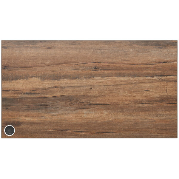 A wood grained BFM Seating knotty pine table top with a white border and a circle in the center.