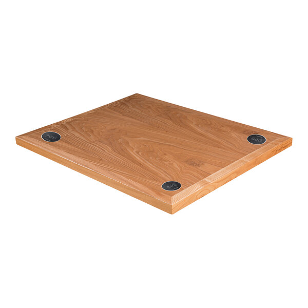 A BFM Seating rectangular wooden table top with 3 wireless chargers.