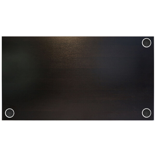 A dark wood rectangular BFM Seating tabletop with three metal circles.