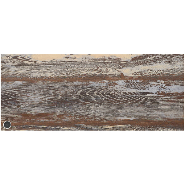 A BFM Seating Relic rectangular wood grain table top with a circular charger.