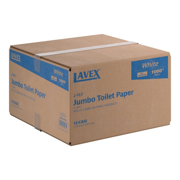 A cardboard box containing 12 rolls of Lavex 2-ply jumbo toilet paper.