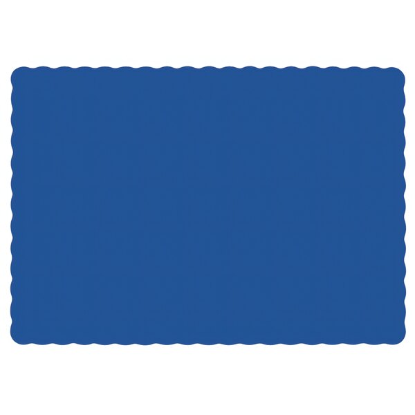 A navy blue rectangular placemat with a scalloped edge and white border.