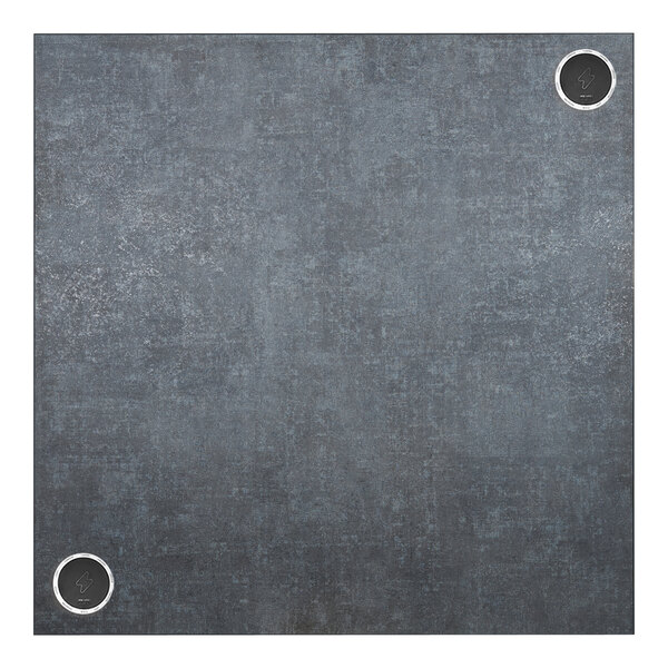 A grey BFM Seating square tabletop with two grey circles.