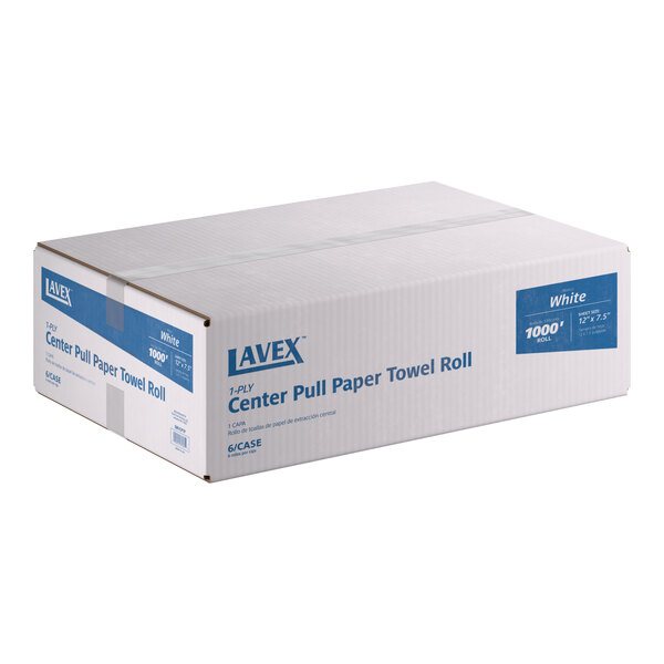 A box of Lavex 1-ply center pull paper towel rolls, 1000 feet each, containing 6 rolls per case.