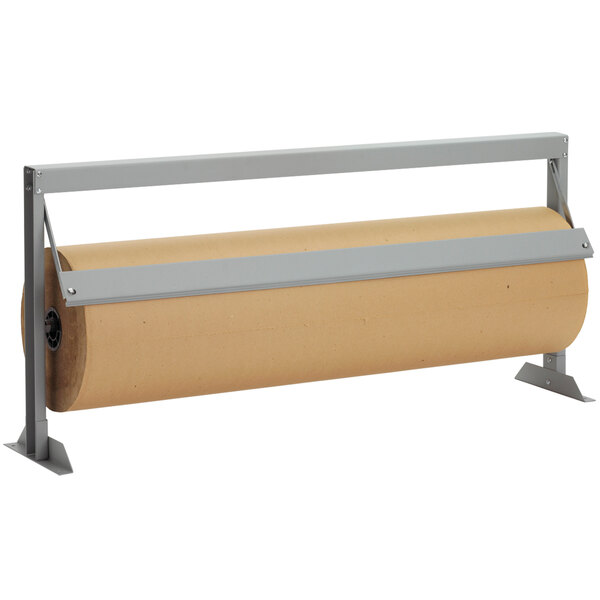 A Bulman paper cutter with a roll of paper on a metal stand.