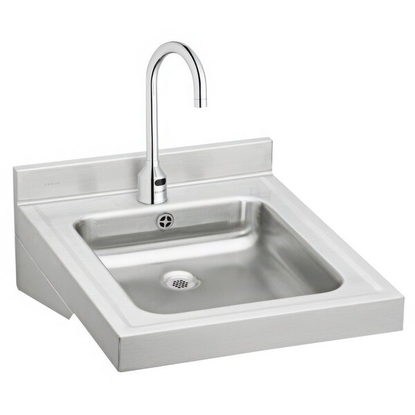 A stainless steel Zurn Elkay wall hung lavatory sink with a faucet.