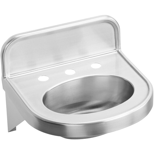 An Elkay stainless steel wall hung ADA bathroom sink with a drain.