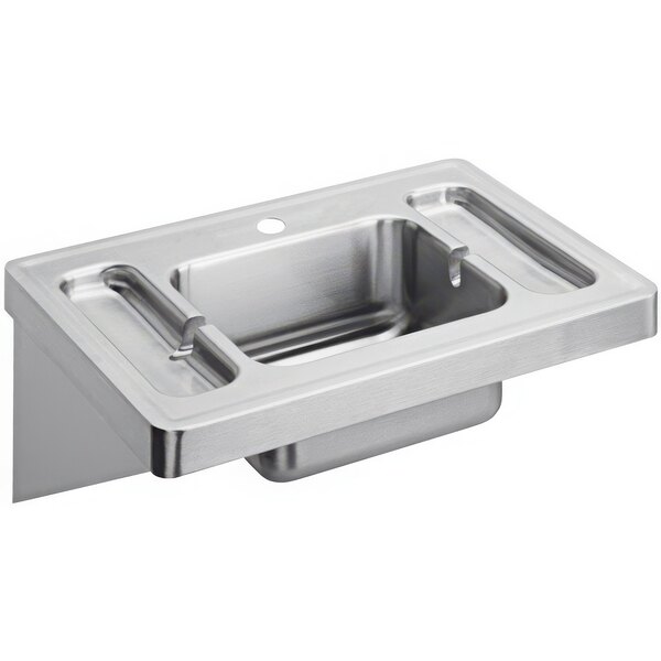 A Zurn stainless steel wall hung lavatory sink with one faucet hole.