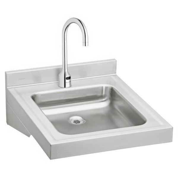 A silver Zurn wall hung single bowl sink with a faucet.