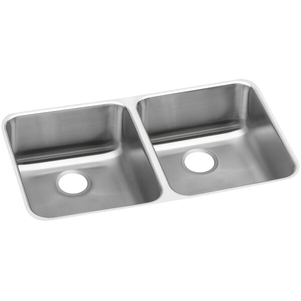 A close-up of a stainless steel Elkay double sink.