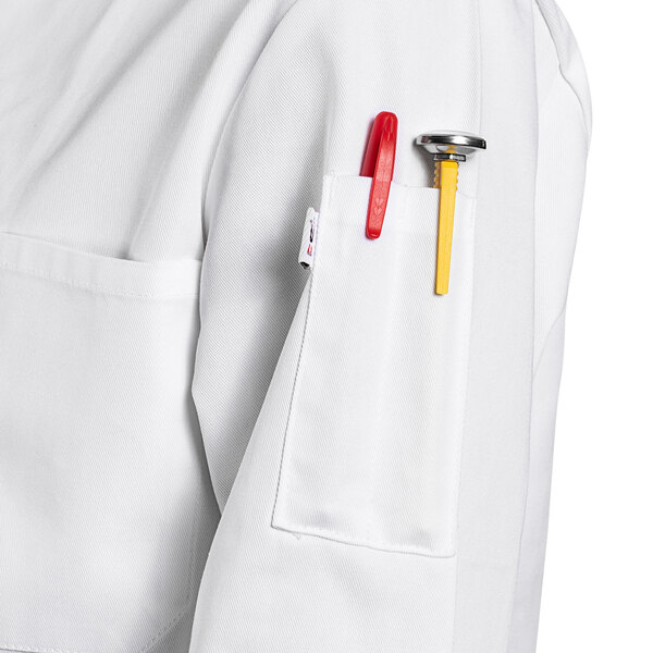 a close up of a white coat pocket