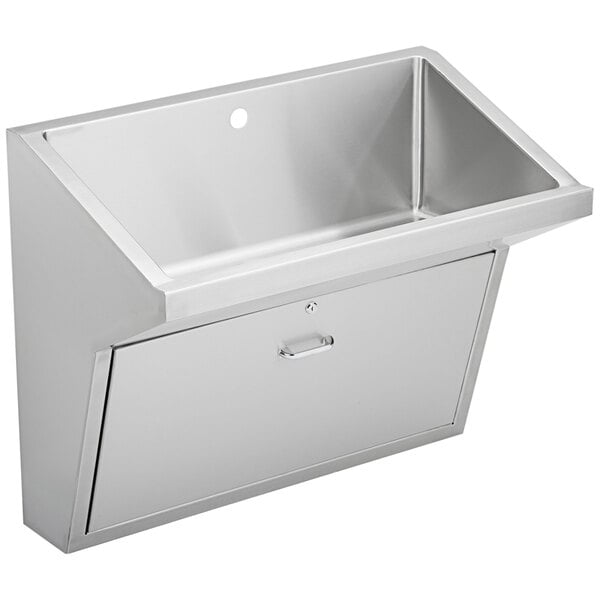 An Elkay stainless steel wall hung single bowl surgeon scrub sink.