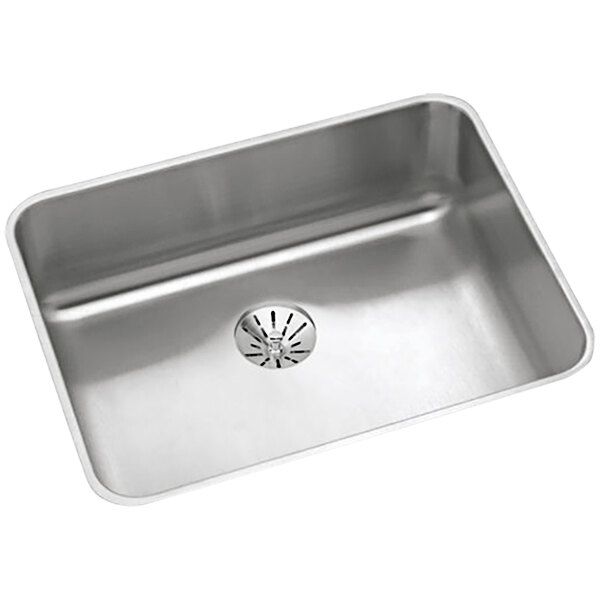 A close up of an Elkay stainless steel sink bowl with a Perfect Drain.