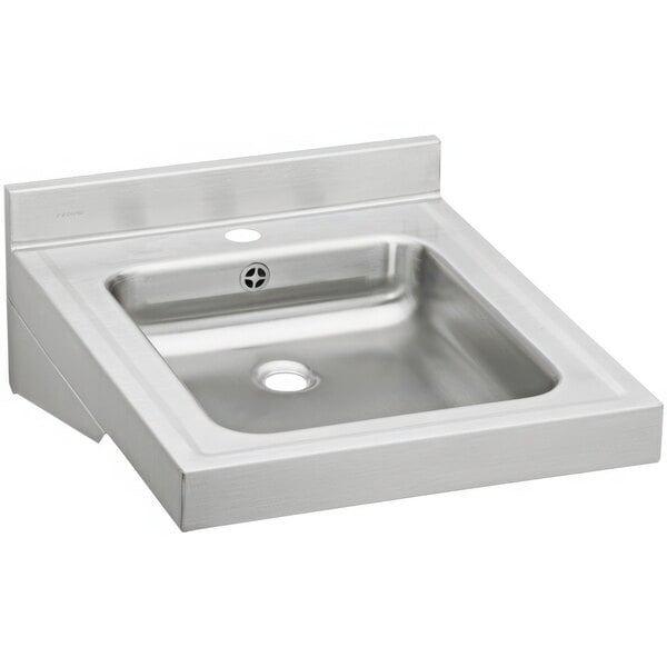 A Zurn stainless steel sink with a square bowl and one faucet hole.