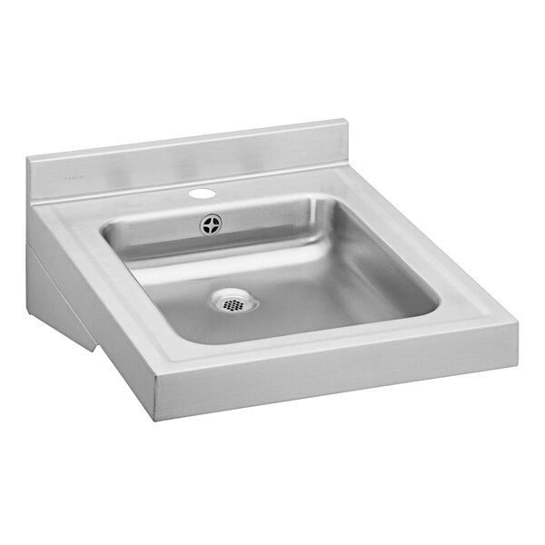 An Elkay stainless steel walk hung lavatory sink with a square bowl.