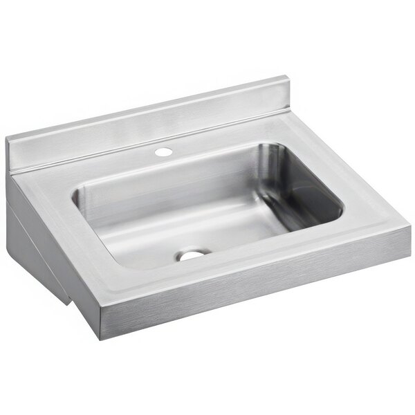 A Zurn Elkay stainless steel wall hung sink with a single faucet hole over a square bowl.