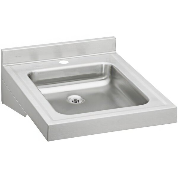 A silver Zurn Elkay Sturdibilt wall hung sink with a square bowl and a drain.