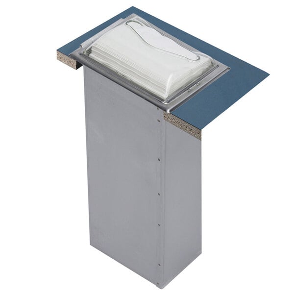 A metal San Jamar napkin dispenser with a clear plastic cover over a stack of napkins.