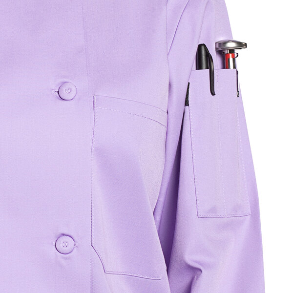 A close-up of a Uncommon Chef Tempest Pro Vent long sleeve chef coat in purple with a mesh back.