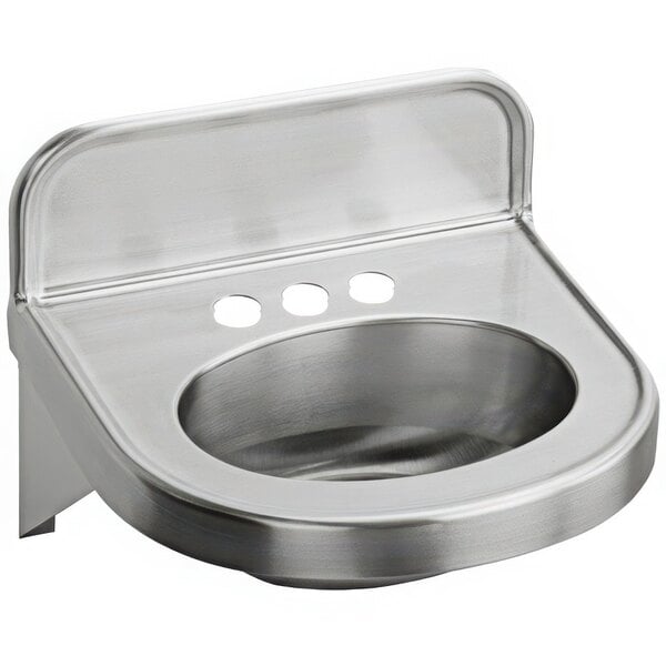 A silver Zurn Elkay wall hung sink with a hole in the center.