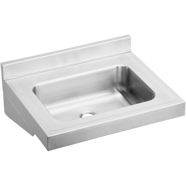 A stainless steel Elkay wall hung sink with a square bowl and a hole.