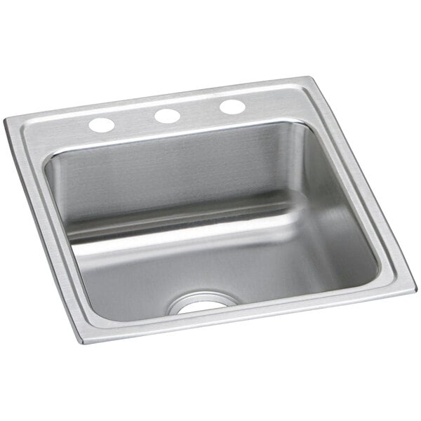 An Elkay stainless steel single bowl sink with three faucet holes.