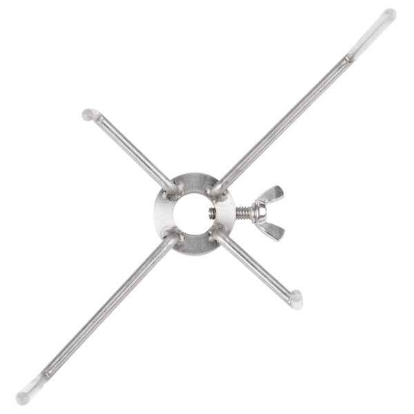 A Crown Verity metal rotisserie assembly with two forks on metal rods.