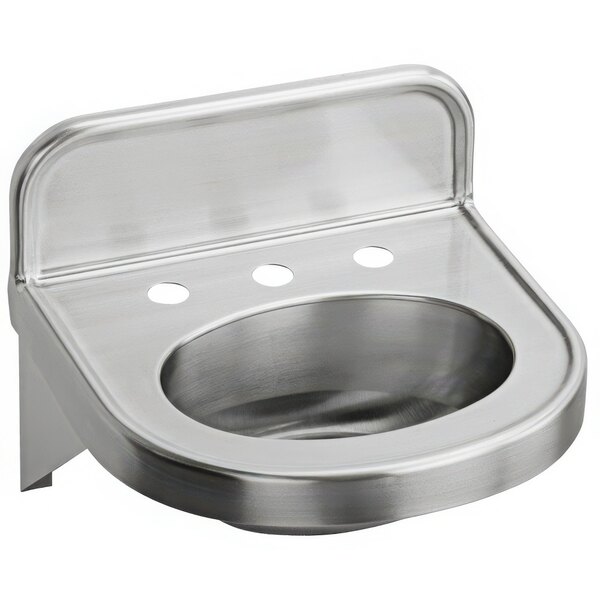 A Zurn stainless steel wall hung single bowl lavatory sink with a hole in the center.
