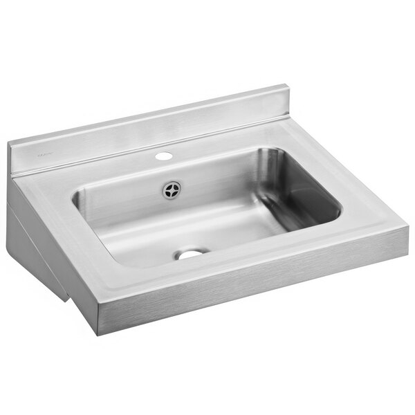 A Zurn stainless steel wall hung sink with a square bowl and faucet hole.