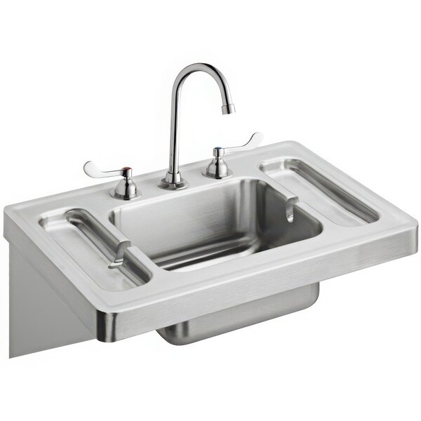 A stainless steel Zurn wall hung lavatory sink with a faucet.