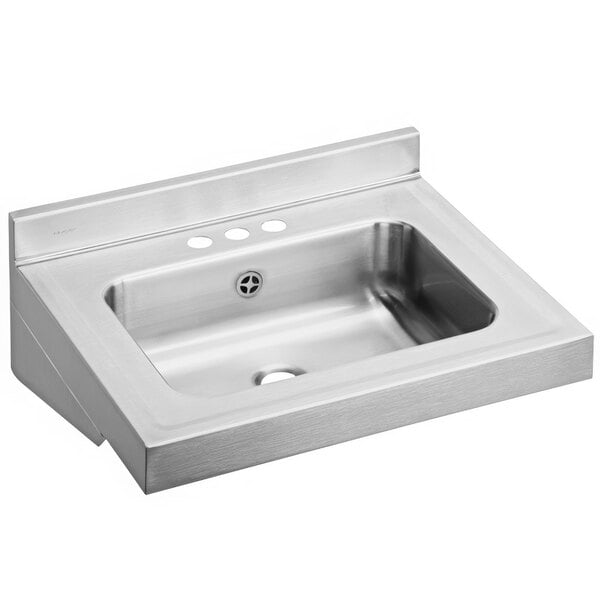 A silver Zurn stainless steel wall hung single bowl sink with 3 close faucet holes.