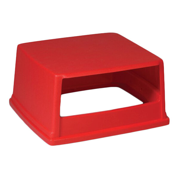 A red, square, hooded plastic lid with an open front and no doors.