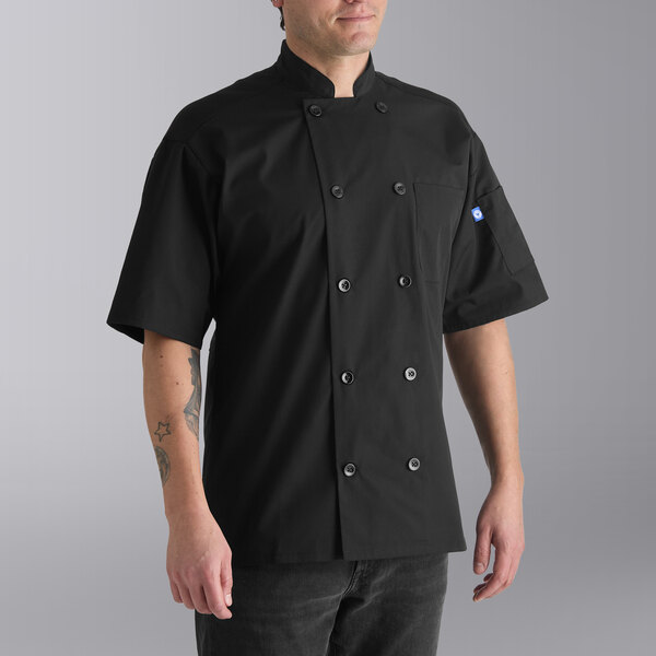 Uncommon Chef Delray Pro Vent 0421 Unisex Lightweight Black Customizable Short Sleeve Chef Coat with Mesh Back - 6XL