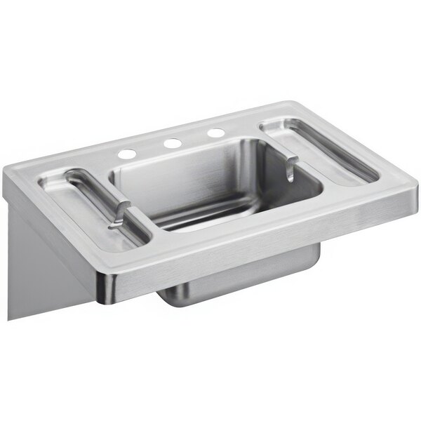 A Zurn stainless steel wall hung lavatory sink with three faucet holes.