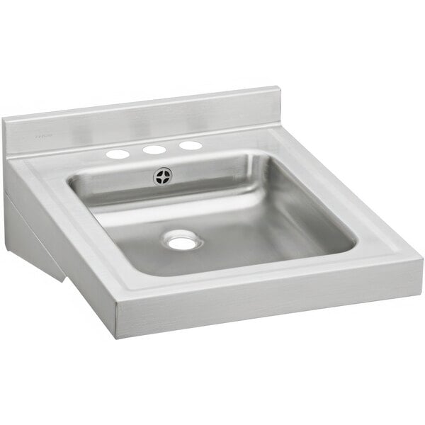 A silver Zurn Elkay Sturdibilt wall hung sink with a square bowl and three faucet holes.