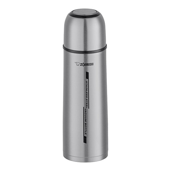 A silver Zojirushi stainless steel bottle with a black lid.