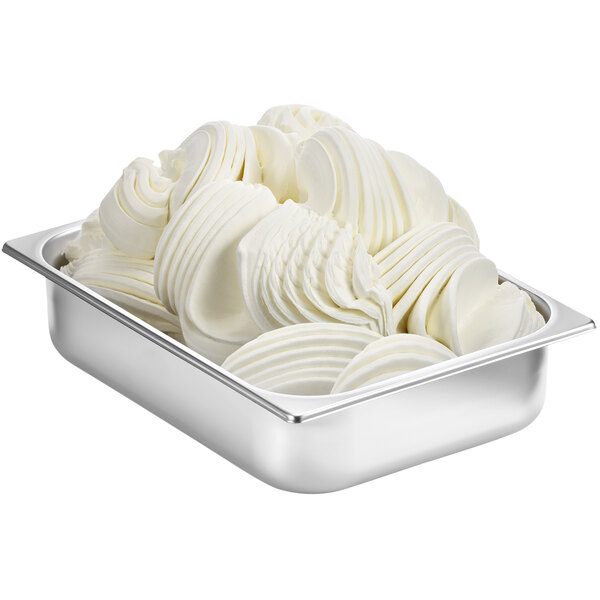 A metal container of Fabbri French Vanilla Flavoring Paste with white swirls in it.